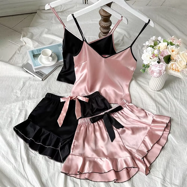 Women's Smooth Satin Pajamas V-Neck T-Shirt Ruffled Edges And Bow Shorts Simple And Breathable Pajama Set Sling Home Clothing - AliExpress 200574005