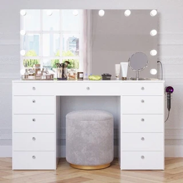 Makeup Vanity Desk, Glass Top, 12 LED Lights BT Speakers & 11 Drawers - Bed Bath & Beyond - 40329303