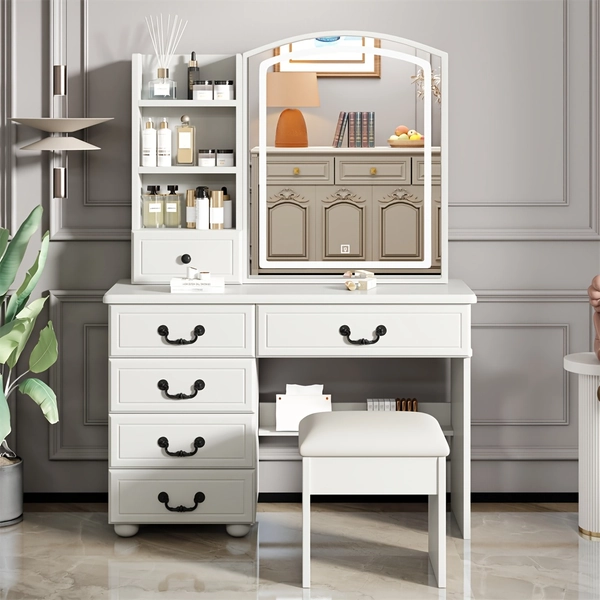 35.4" White Dressing Table With Large Storage Space With Sliding Mirror Cabinet With 6 Compartments With 3 Drawers With Stool With Mirror Easy To Assemble Suitable For Bedroom Living Room Bathroom