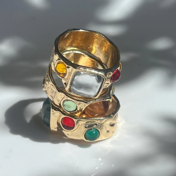 14K Gold Plated Colorful Glass Gemstone Ring | Chunky Statement Band | US Size 6.5-7 | Retro Boho Gold Ring Unique Gift for Her
