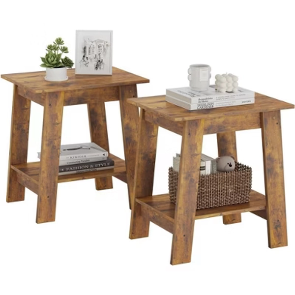 Set of 2 Farmhouse Side Tables - Narrow 2-Tier End Tables/Nightstands for Living Room, Bedroom & Small Spaces,Brown
