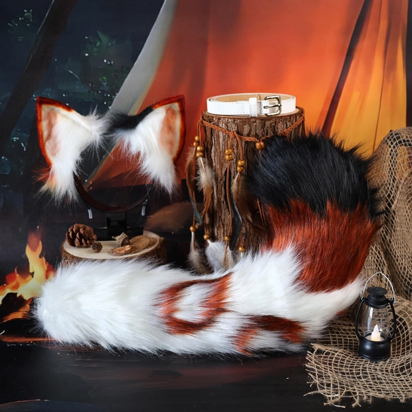 Handmade Tri-Color Fox Ears and Tail Set, Faux Fur Cosplay, Forest Theme, Animal Kemonomimi Gift, LARP Costume