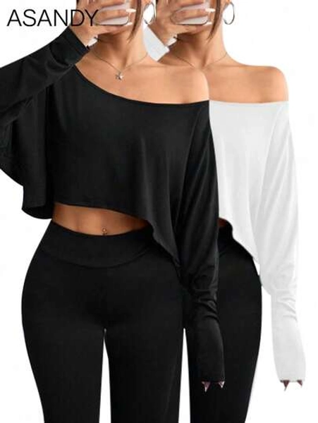 Women's Fall Winter Off-Shoulder T-Shirt 2 Packs - Relaxed Fit Casual Tops, Daily Loungewear Set