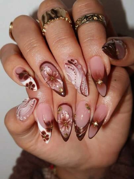 24pcs Almond Shaped 3D Gel Nail Stickers, Floral Nail Art Design, French Tip Style, Medium Size Metal Cross Decor, Pearl Accent, Perfect For Acrylic Nail Tips, Includes: 1pc Jelly Gel And 1pc Nail File. Almond Shaped French Nail Stickers, Suitable For Women's Daily Work, Festivals And Parties. Nails Nail Supplies