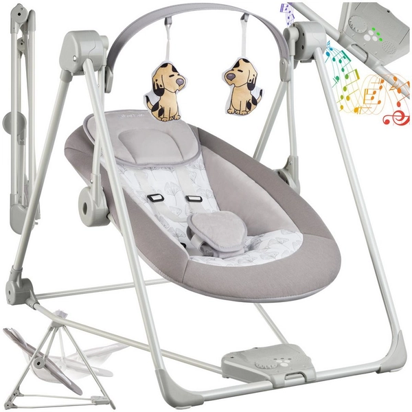 tectake Babyschaukel Babywippe Dogs, klappbar, 5 Geschwindigkeitsstufen, Timer, klappbar, TrueSpeed-Technologie mit 5 Geschwindigkeitsstufen
