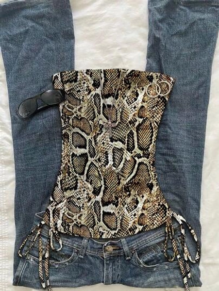 Attitoon Women's Casual Drawstring Tie-Front Cropped Camisole Top, Snake Skin Print