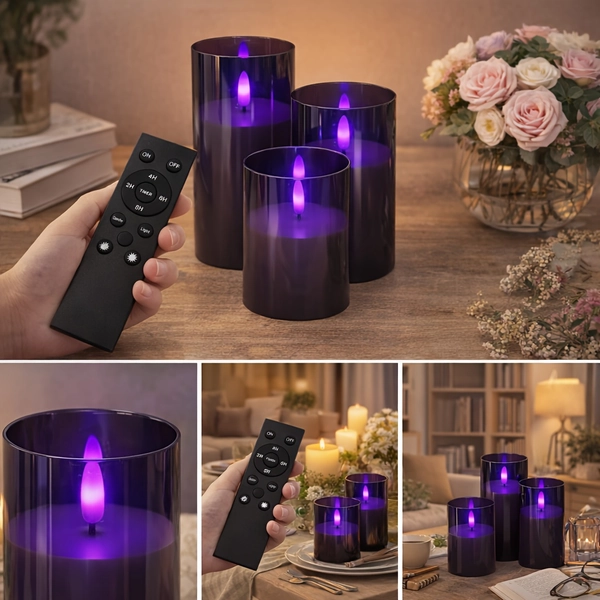 3-Pack/6-Pack Black with Flashing Purple Light Strip Xiaomi Remote Control Flameless LED Candles - Battery Powered (Batteries Not Included), Perfect for Tabletop Decor, with Timer and Dimmer Function, Suitable for Party and Holiday Gift Decoration