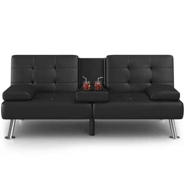 Homall Futon Sofa Bed Faux Leather Couch Modern Convertible Folding Recliner with 2 Cup Holders