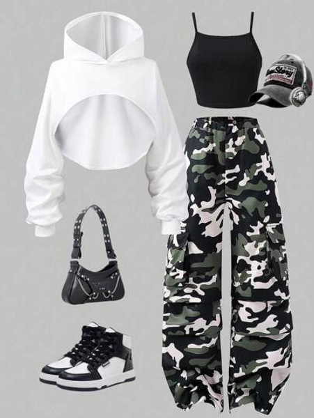 SHEIN Girlism Tween Girl Casual Cropped Textured Long Sleeve Sweatshirt For Everyday Wear,In Fall/Winter, Streetwear