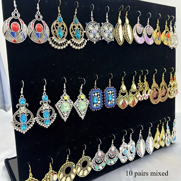 10pcs (10 Pairs) Pack Multicolor Glass Inlay Bohemian Retro Earrings Suitable for Men &amp; Women - Zinc Alloy Durable Wedding, Party, Everyday - Multicolor Glass Beads (,,,) - 10pcs Multi-Piece Set for Couple Matching Earrings