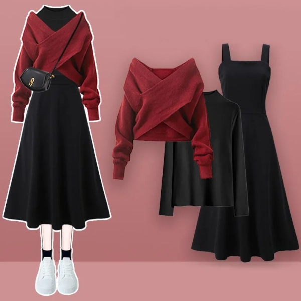 Cross Knit Sweater Turtleneck Shirt A-line Slip Dress