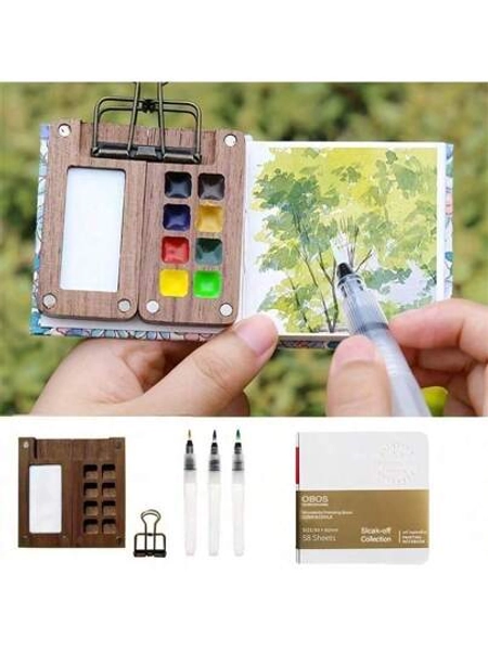 6pcs Mini Travel Palette Set, Portable Watercolor Kit, 8/15 Grid Paint Box, Sketchbook, Binder, And Brushes For Artists And Students Back To School,Mother's Day,Mom's Gift