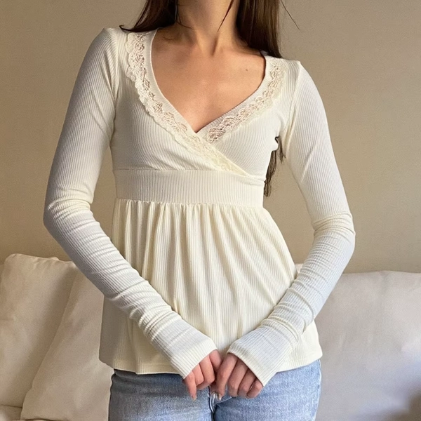 New Long Sleeve Lace Trimmed Wrap Blouse Womens Clothing Club Street Style Hot Sale S M L - AliExpress 200000345