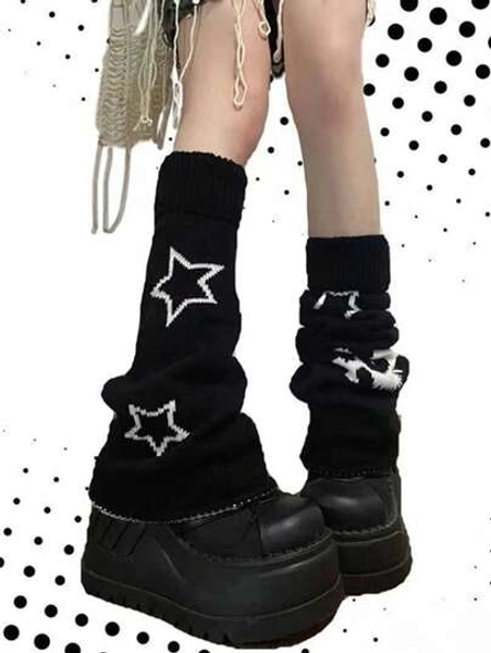 1 Pair Reversible Skull Star Element Leg Warmers, Bell-Bottomed Stockings