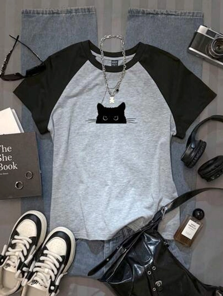 Attitoon Casual Minimalist Cat Graphic Round Neck Short Sleeve Fitted Women T-Shirt, Suitable For Summer