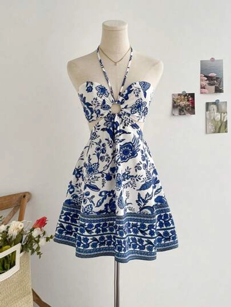 Soleia Blue & White  Flower Printed Halter Neck Hollow Out Cinched Waist Romantic Casual Vacation Dress For Women,Summer Dresses For Women,Backless Dress