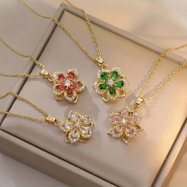 Zinc Alloy Rotatable Cherry Blossom Pendant Necklace - Elegant Synthetic Zirconia Jewelry Gift for Women, Lover, Friends, Family