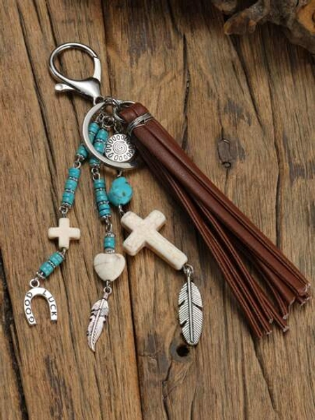 1pc Turquoise Beaded Leather Purse Tassel, Southwestern Style, Cross Bag Charm, Faith, Backpack Charm, Cowgirl, Western , Hippie Western Car Accessories School Cute Goth Y2k Christmas Gift Ideas