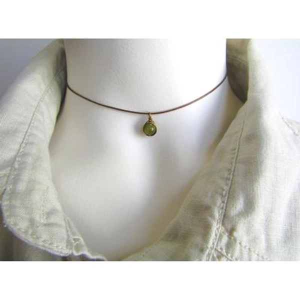 Dainty Green Jade Cord Choker Necklace, Wire Wrapped Green Stone Pendant, Fully Adjustable Single Black/ Brown Cord Necklace