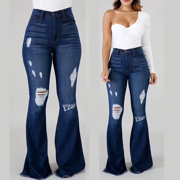 Denim Flare Pants Women Hole Jeans Boot Cut High Waist Stretch Pockets Distressed Washed Streetwear 2025 Floor Length Trousers - AliExpress 