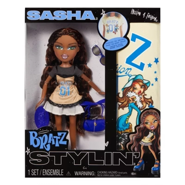 Bratz Stylin' Sasha Fashion Doll with Accessories and Customizable T-Shirt for You: Creativity, Wavy Hair, Brown Eyes