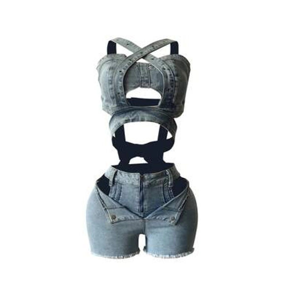 New Denim Vest And Shorts Set, European And American Style Strapless Elastic Shorts Set - Size XXL