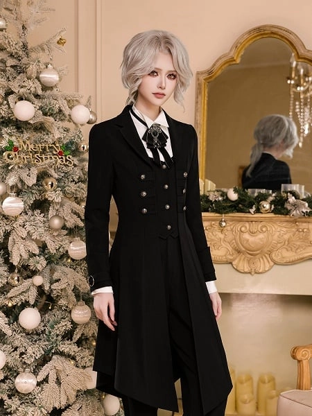 Ouji Fashion Fitted Black Aristocrat Tailcoat with Ornate Metal Buttons