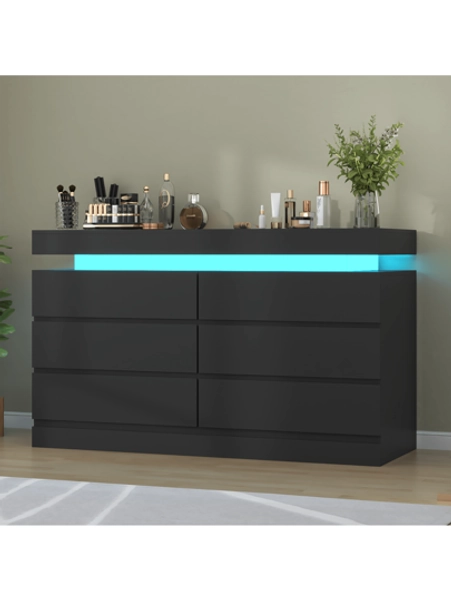 White/ Black 6 Drawer Dresser For Bedroom With Power Outlet, Dresser With LED Light, Modern Chest Of Drawers For Closet, Double Wide Drawer Organizer Cabinet For Bedroom, Living Room, Entryway, Hallway