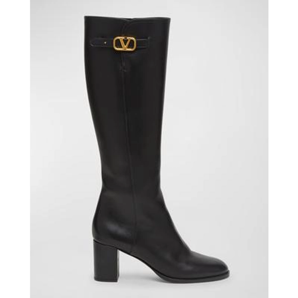 Leather Knee High Boots with V Logo