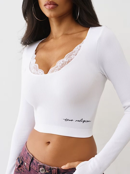 SEAMLESS LACE SCOOP NECK LONG SLEEVE TOP