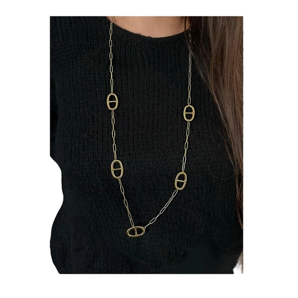 Collier femme pendentif maille marine - sautoir nez de cochon - bijoux cadeaux-acier inoxydable- chaine maille trombone