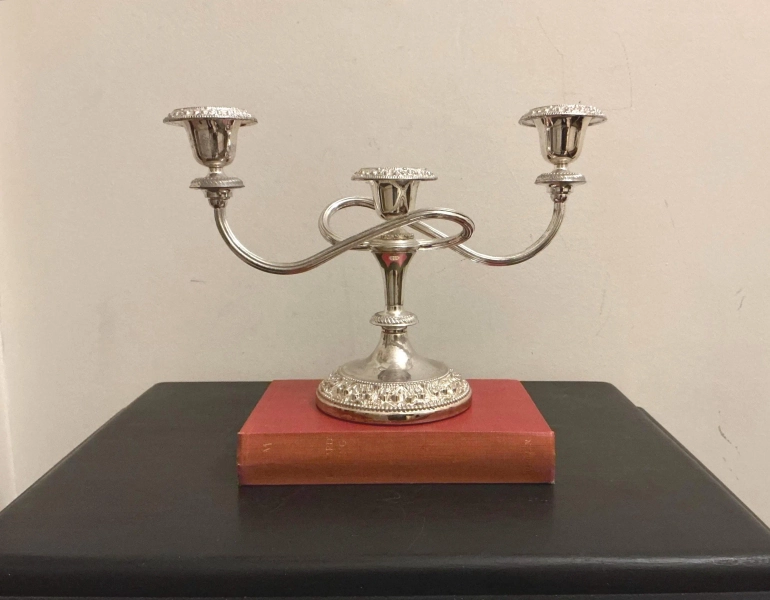 VINTAGE CANDELABRA 3 ARM Vintage Silverplated Metal with Scroll Top and Repousse detail to Base and Upper Candlestick Holders.Vtg Candelabra