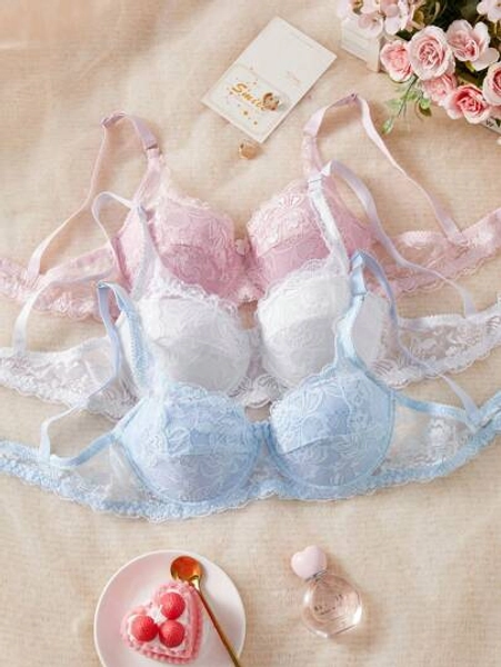 DesireSculpt 3pcs/Set Simple Design Women Underwire Lingerie Bras, Sexy Lace French Romantic Lingerie Brassiere