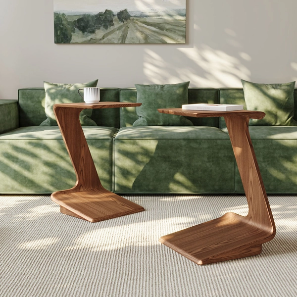 2 PCS 15" Modern C-Shaped Side Table with Wheels, Walnut Color End Table, for Living Room, Fits Easily by Sofa or Bed