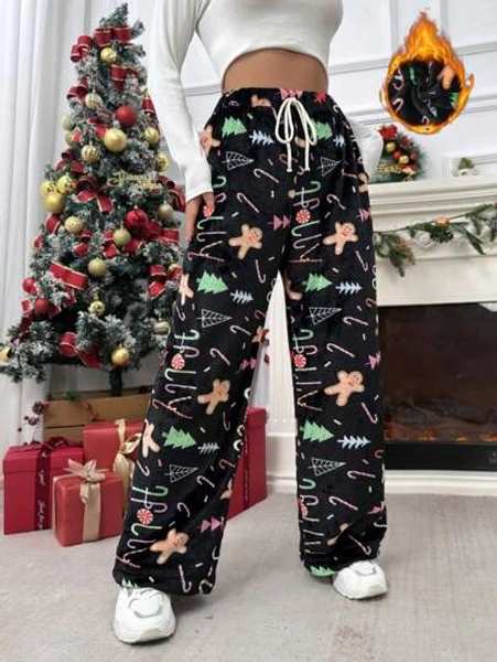 SHEIN Qutie Christmas Print Drawstring Waist Wide Leg Pants