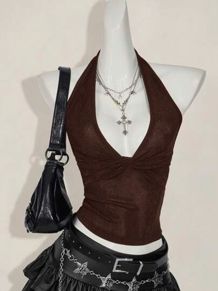 SHEIN ICON Women Casual Deep V-Neck Twist Halter Backless Camisole