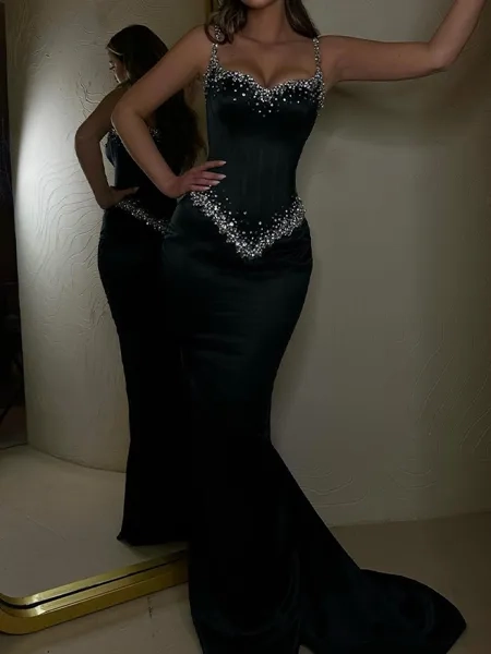 Unforgettable Sheath Straps Rhinestone Sweep Train Satin Corset Prom Dress