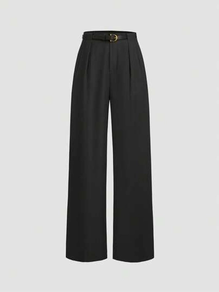 Pantalon droit de taille mi-haute de couleur unie élégant avec ceinture