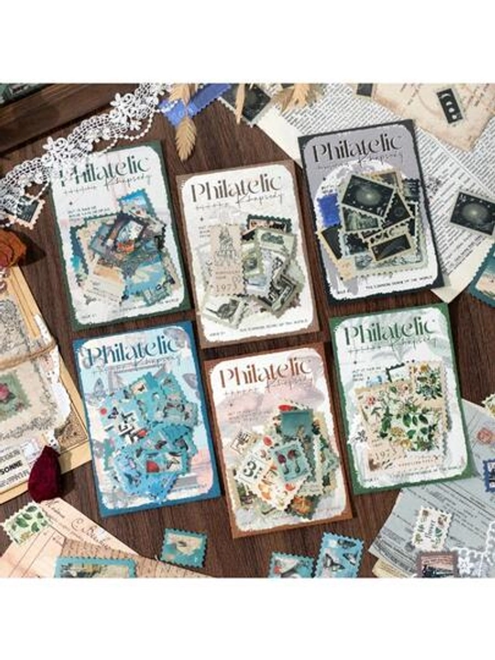 50 piezas/Paquete Pegatinas con temática de sellos postales vintage, materiales decorativos DIY creativos para scrapbooking, regalos festivos, suministros escolares personalizados para scrapbooking