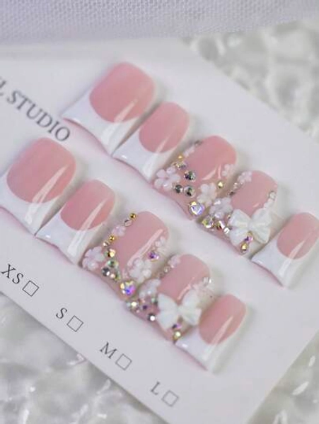 10pcs Y2K Pink & White French Manicure Fake Nails, Bow Design, Rhinestone Decor, Small White Flower Accent, Suitable For Daily, Wedding, Party, Holiday Outfits, Great Gift For Women And Girls