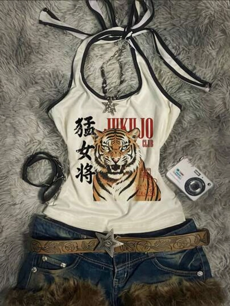 IslaSuriya Women's Summer Y2K Grunge White Black Contrast Binding Tiger Character Graphic Print Halter Neck Top 2026 - Size XL