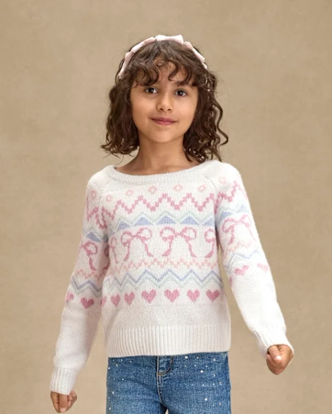 Girls Fairisle Bow Back Sweater - On Pointe - White