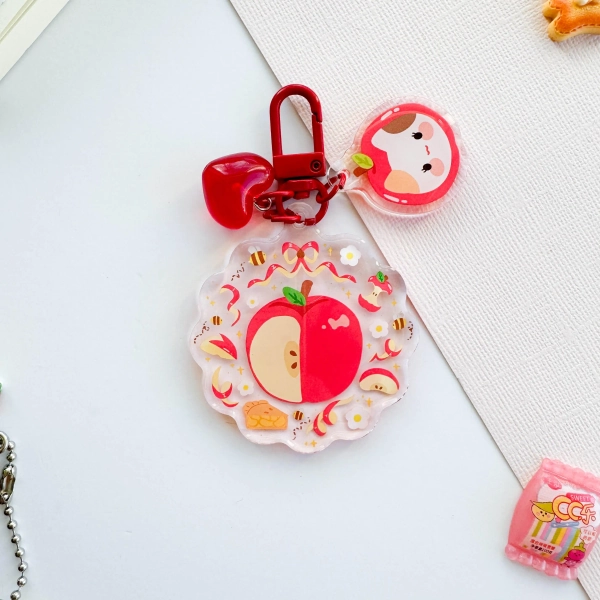 Apple Acrylic Keychain: Cat Charm & Heart Bead - Gift for Cat Lovers
