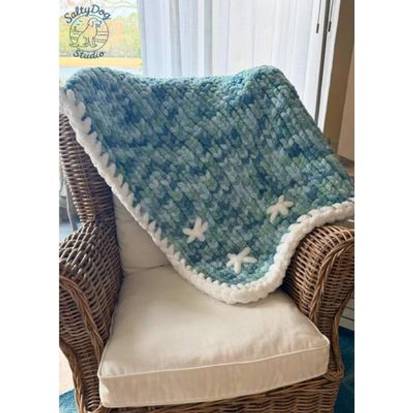 Sea Glass & Starfish Chunky Knit Throw Blanket - Handmade Cozy Textured Throw