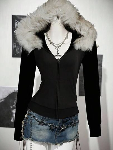 Attitoon Women's Casual Retro Fitted Fur Collar Hooded Regular Jacket,Fall - Size L