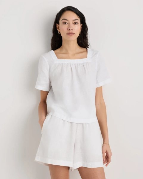 100% European Linen Square Neck Swing Top in White