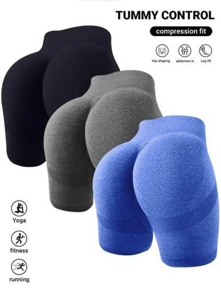 Gameset SHEIN Sport Plus Size Solid Waist Cinching Minimalist Seamless Sports Shorts 3pieces