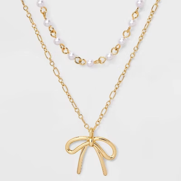 14/16" Acrylic Pearl & Bow Necklace Set 2 pc - Wild Fable™ Gold