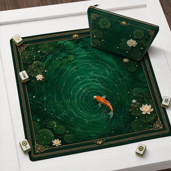 Koi Fish Mahjong Mat, Emerald Green Lotus Pond Tile, Asian Inspired Game Accessory