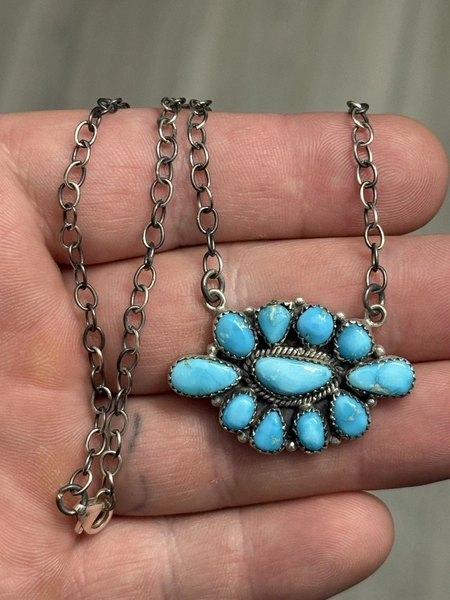 STERLING SILVER NATIVE AMERICAN SW BLUE RIDGE TURQUOISE CLUSTER NECKLACE .925